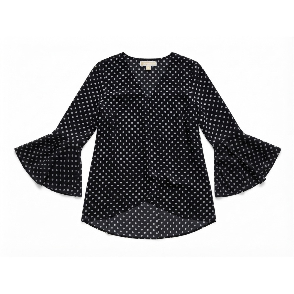 Vince Camuto Black Polka Dot V-Neck Blouse Tiered Bell Sleeve Top Small